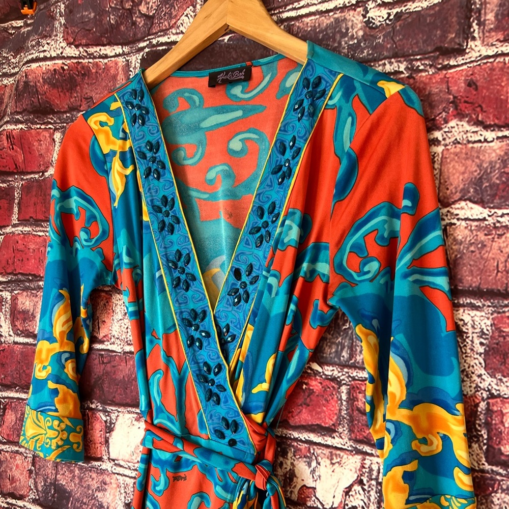 Hale Bob Beaded Silk Wrap Mini Dress - Vibrant Abstract Paisley - Picture 2 of 5